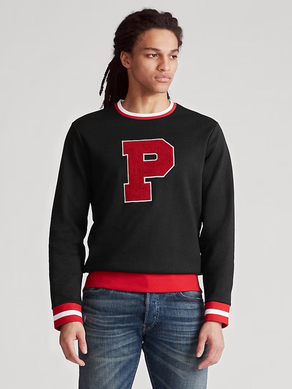 Polo Ralph Lauren Black Fleece Letterman Sweatshirt with Red ‘P’ Men’s Size L